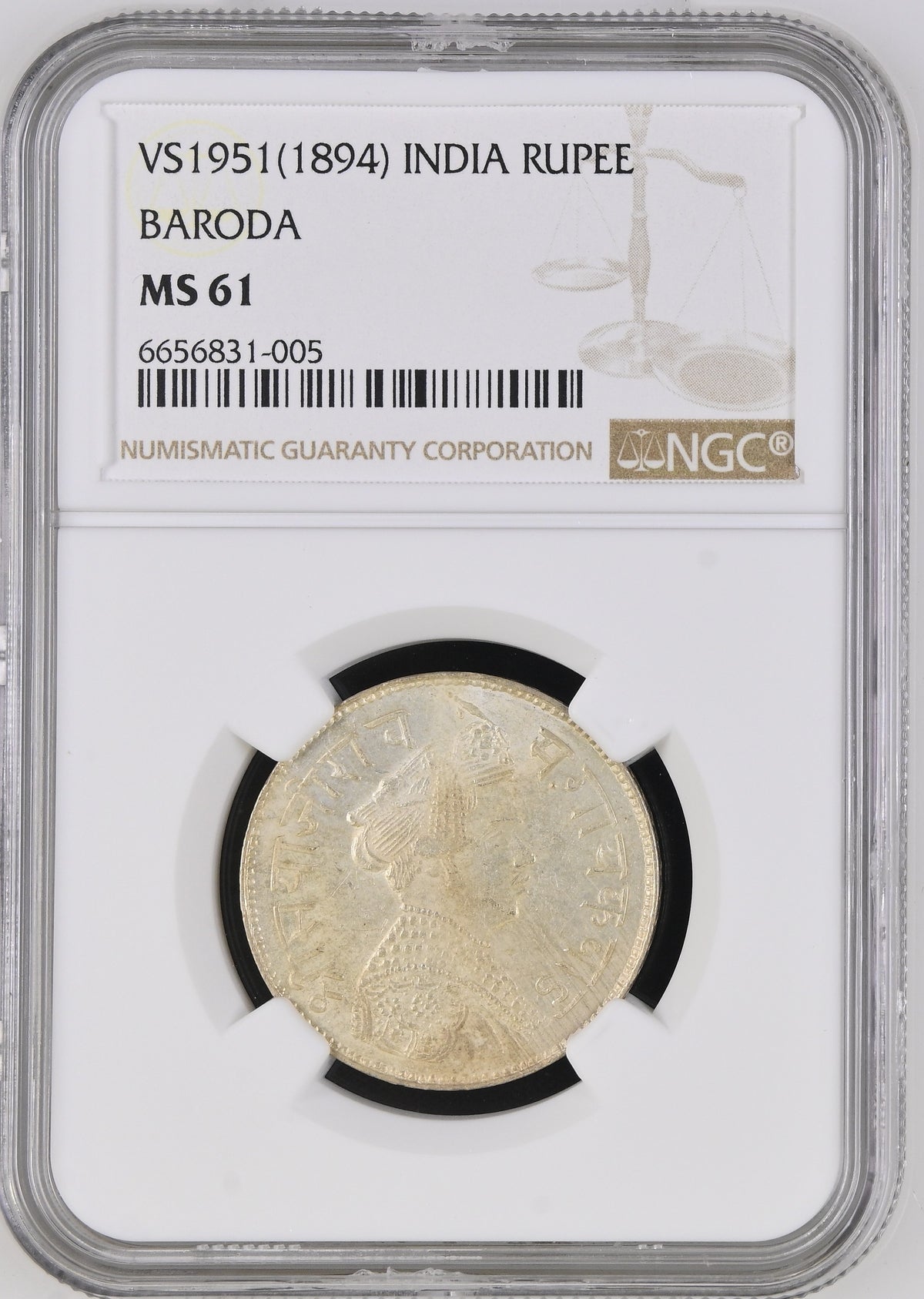 Baroda, Sayaji Rao III (1875-1938 AD), Silver Rupee, VS 1951/AD 1894 (under Victoria as Empress) - NGC MS 61