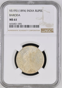 Baroda, Sayaji Rao III (1875-1938 AD), Silver Rupee, VS 1951/AD 1894 (under Victoria as Empress) - NGC MS 61