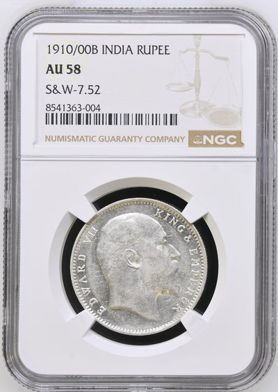 Edward VII silver Rupee Overdate 1910/00 Bombay Mint - NGC AU 58