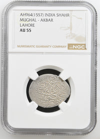 Mughals, Akbar (1556-1605 AD), Lahore Mint, Silver Shahrukhi, AH 964 - NGC AU 55