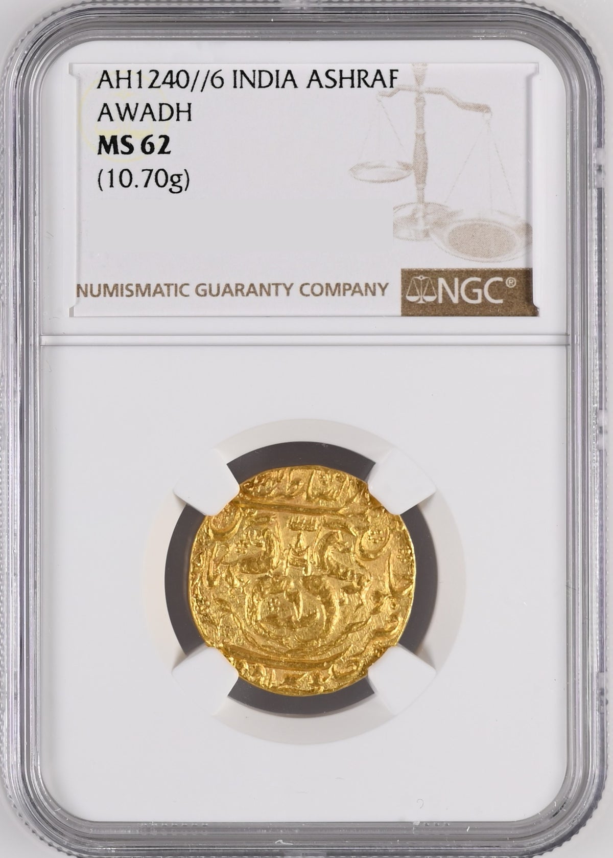 Awadh, Ghazi Ud-din Haider As King (1819-1827 AD) Gold Ashrafi, Zarb Subah Awadh Dar-us-Sultanat Lakhnau Mint - NGC MS 62- NGC MS 62
