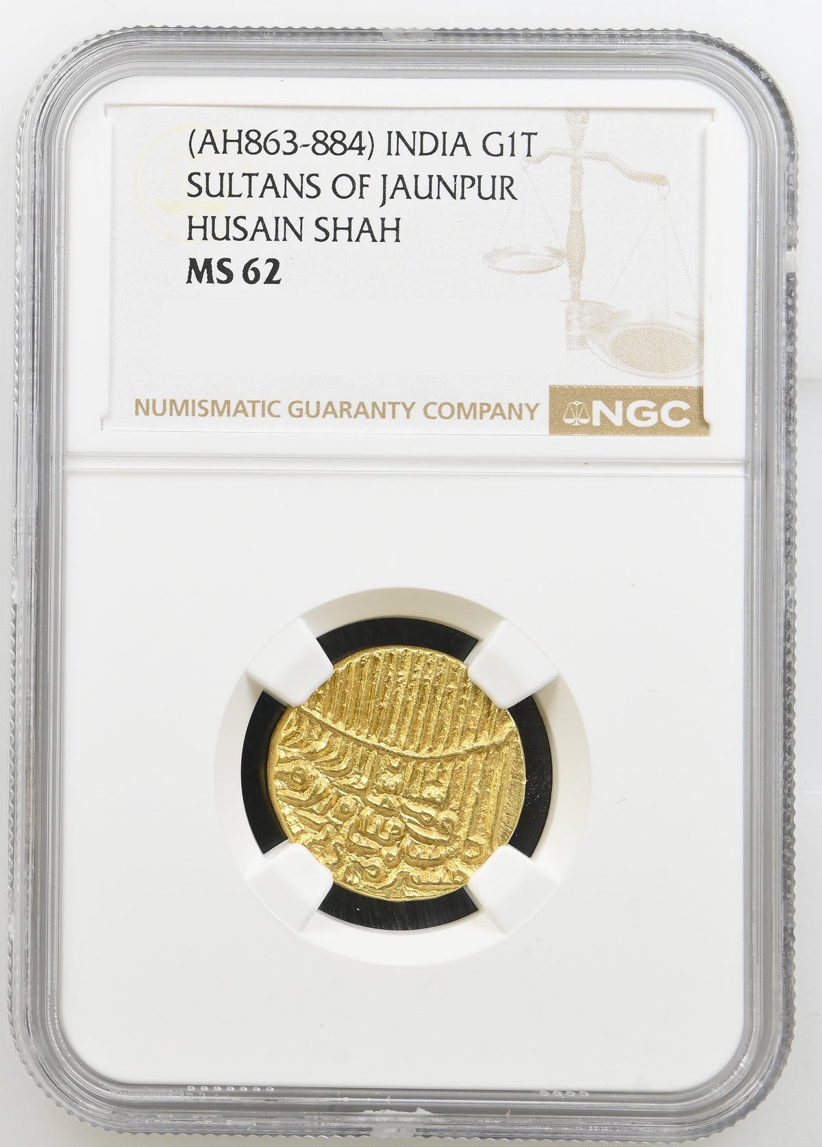 Jaunpur Sultan, Hussain Shah (ca. 1458-1479 AD), Gold Tanka Tughra Calligraphy - NGC MS 62