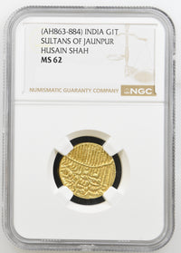 Jaunpur Sultan, Hussain Shah (ca. 1458-1479 AD), Gold Tanka Tughra Calligraphy - NGC MS 62