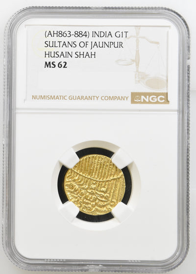 Jaunpur Sultan, Hussain Shah (ca. 1458-1479 AD), Gold Tanka Tughra Calligraphy - NGC MS 62