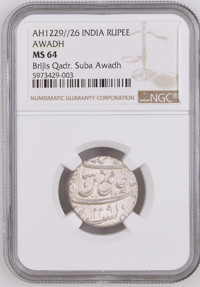 Brijis Qadr (1857-1858 AD), Suba Awadh Mint Silver Rupee, AH 1229 /26 RY - NGC MS 65