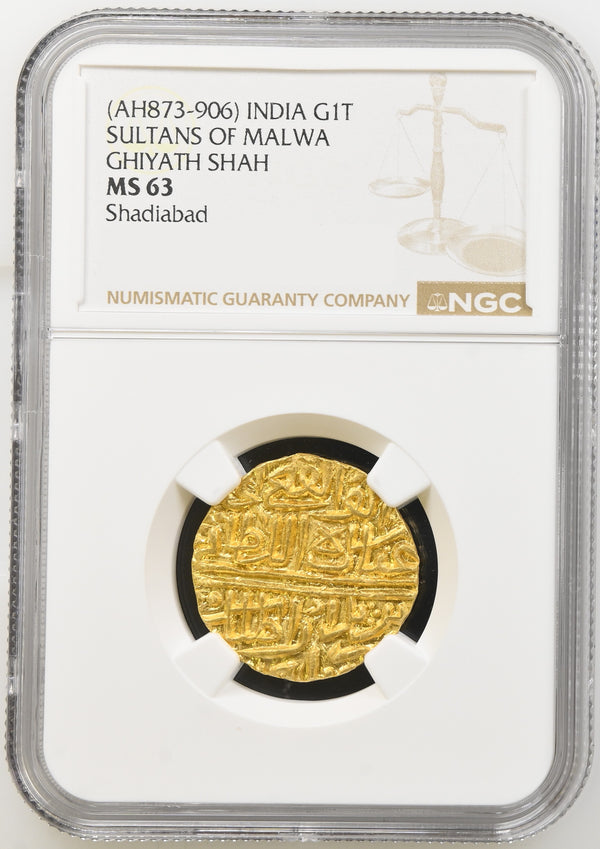 Malwa Sultanate, Ghiyath Shah (1469-1500AD), Dar-ul-Mulk Shadiabad Mint, Gold Tanka MS 63 Top Pop - image 1
