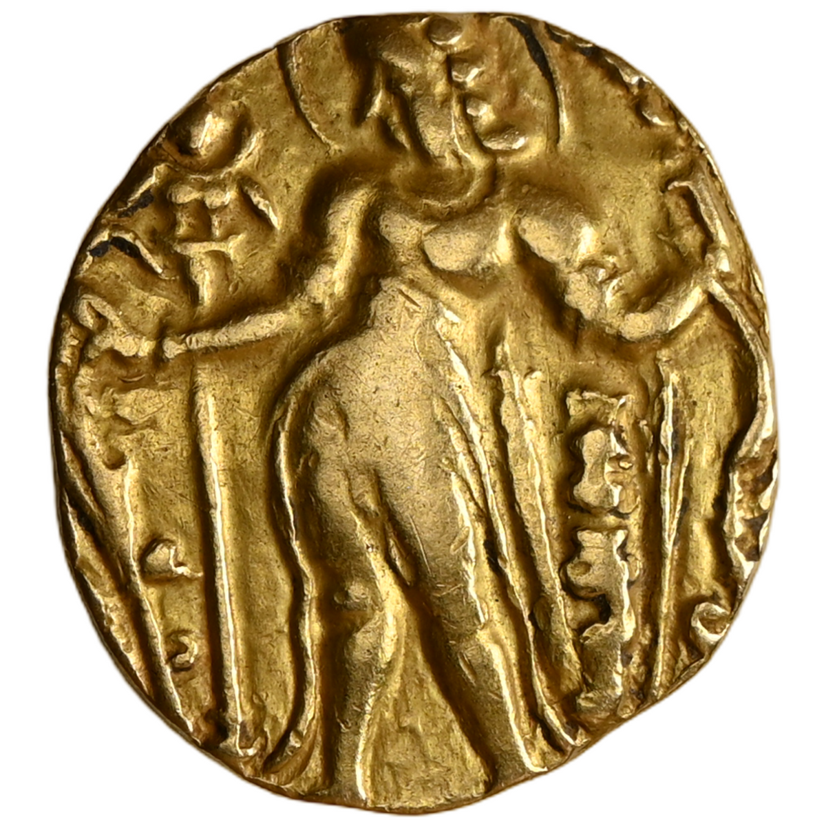 Gupta Empire, Chandragupta II (Vikramaditya), Gold Dinar 'Archer And Swordsman' Type (ca. 383-412 AD) - King Having A Long Sword On Waist