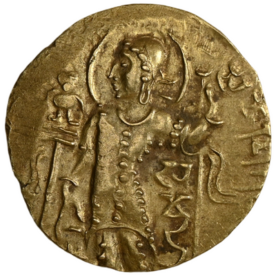 Samudragupta Gupta Dynasty, Samudragupta Gold Dinar, "Javelin" Type (ca. AD 344-378) - King Wearing  A Long Coat With Pearls And Jewels