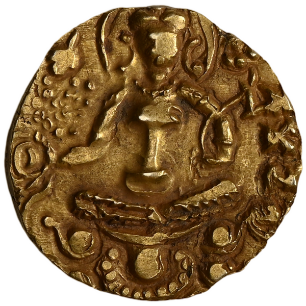 Gupta Dynasty, Skandagupta, Gold Heavy Dinar, Archer Type (ca. 455-467 AD) - With Sankhanidhi Symbol - image 2