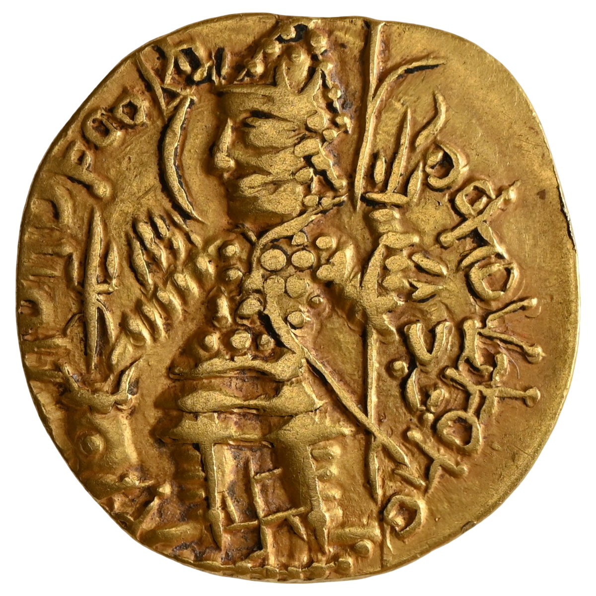 Kushano-Sasanians, Temp Ardashir – Peroz I, Gold Dinar, "OESHO" Shiva type, Mint Balkh, Large Flan With A Big Swastik Mark (255-310 CE)