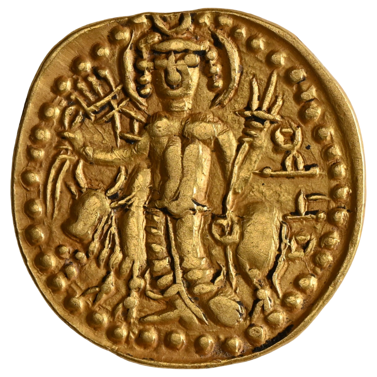 Kushano-Sasanians, Temp Ardashir – Peroz I, Gold Dinar, "OESHO" Shiva type, Mint Balkh, Large Flan With A Big Swastik Mark (255-310 CE)