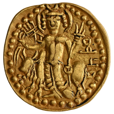 Kushano-Sasanians, Temp Ardashir – Peroz I, Gold Dinar, "OESHO" Shiva type, Mint Balkh, Large Flan With A Big Swastik Mark (255-310 CE)