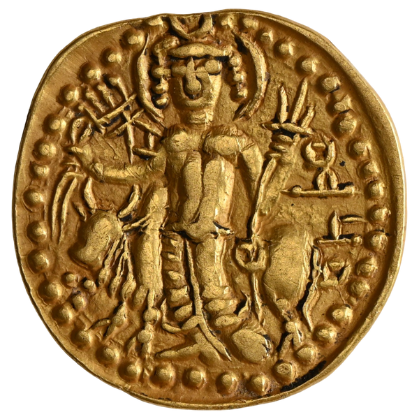 Kushano-Sasanians, Temp Ardashir – Peroz I, Gold Dinar, "OESHO" Shiva type, Mint Balkh, Large Flan With A Big Swastik Mark (255-310 CE) - image 2