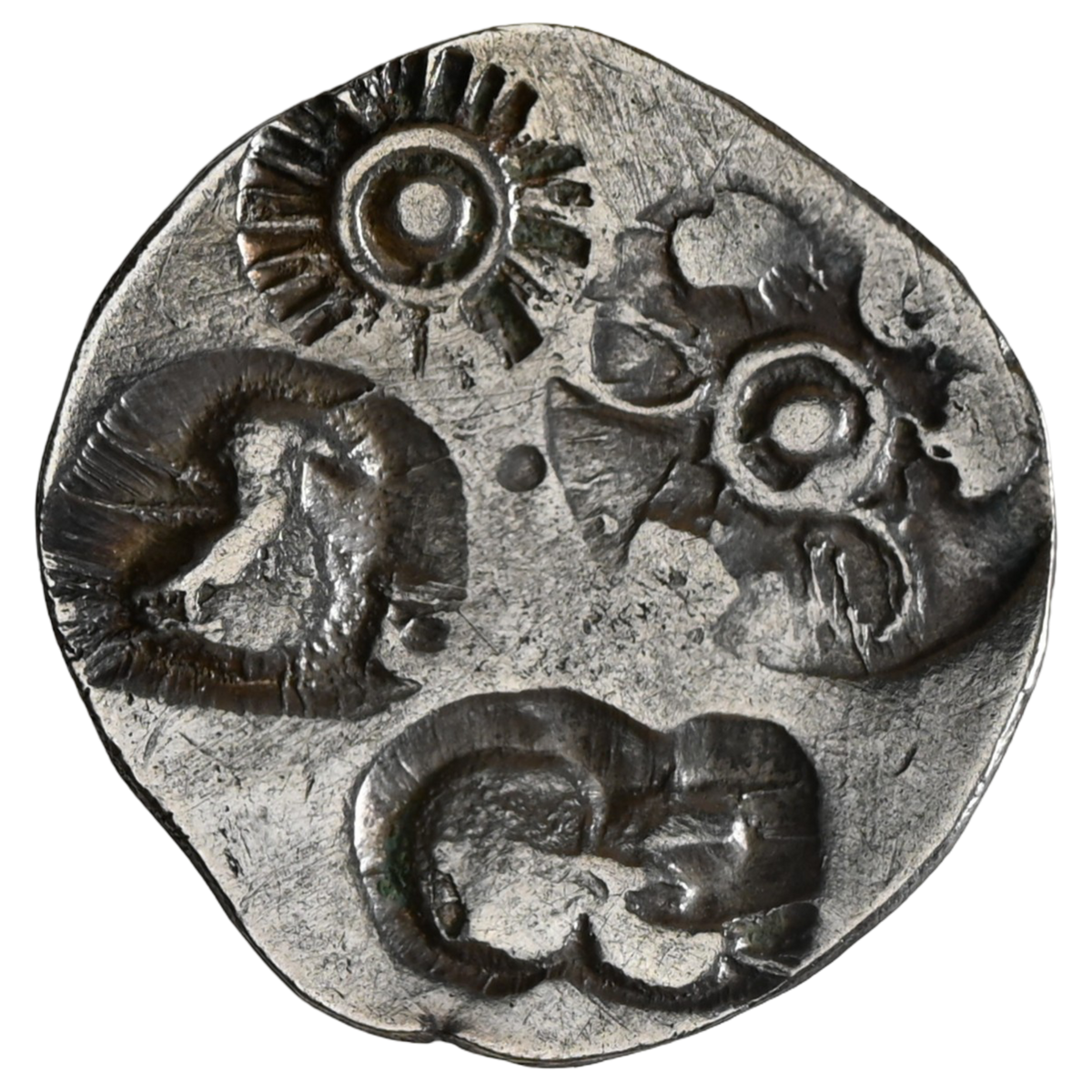 Vanga Janapada (c.a. 550-450 BC), Mahasthangarh Type, East Bengal/Northern Bangladesh Region, Brahmaputra River Group, Silver 1/2 Karshapana, ABCD type