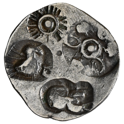 Vanga Janapada (c.a. 550-450 BC), Mahasthangarh Type, East Bengal/Northern Bangladesh Region, Brahmaputra River Group, Silver 1/2 Karshapana, ABCD type