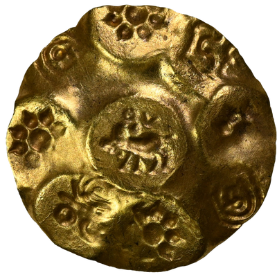 Kakatiyas Of Warangal, Gold Punch Marked Gadyana, Repousse Fabric (1100-1200 AD) - Boar To Right