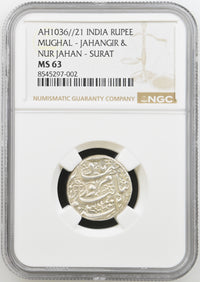 Mughal Empire, Nur Jahan Rupee (ca. 1623–1627 AD) Surat Mint - NGC MS 63