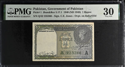 British India, 1948, King George VI, 1 Rupee, Signed by C.E. Jones, Government of Pakistan Issue, Overprint – Government of Pakistan